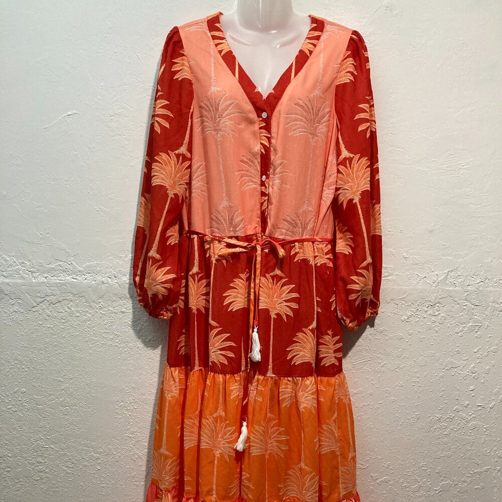 Ador Women's V-Neck Maxi Dress Tiered Palm Tree Resort Orange Tassel Tropical L